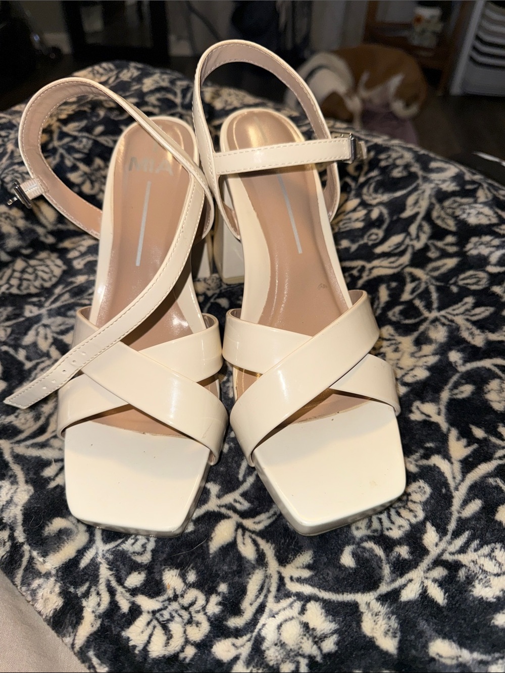 MIA Cream Strappy Square-Toe Block Heel Sandals